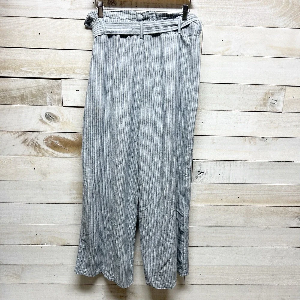 Banana Republic Pants Womens 10 Blue Linen Blend‎ Stripe Wide Leg Paperbag Baggy